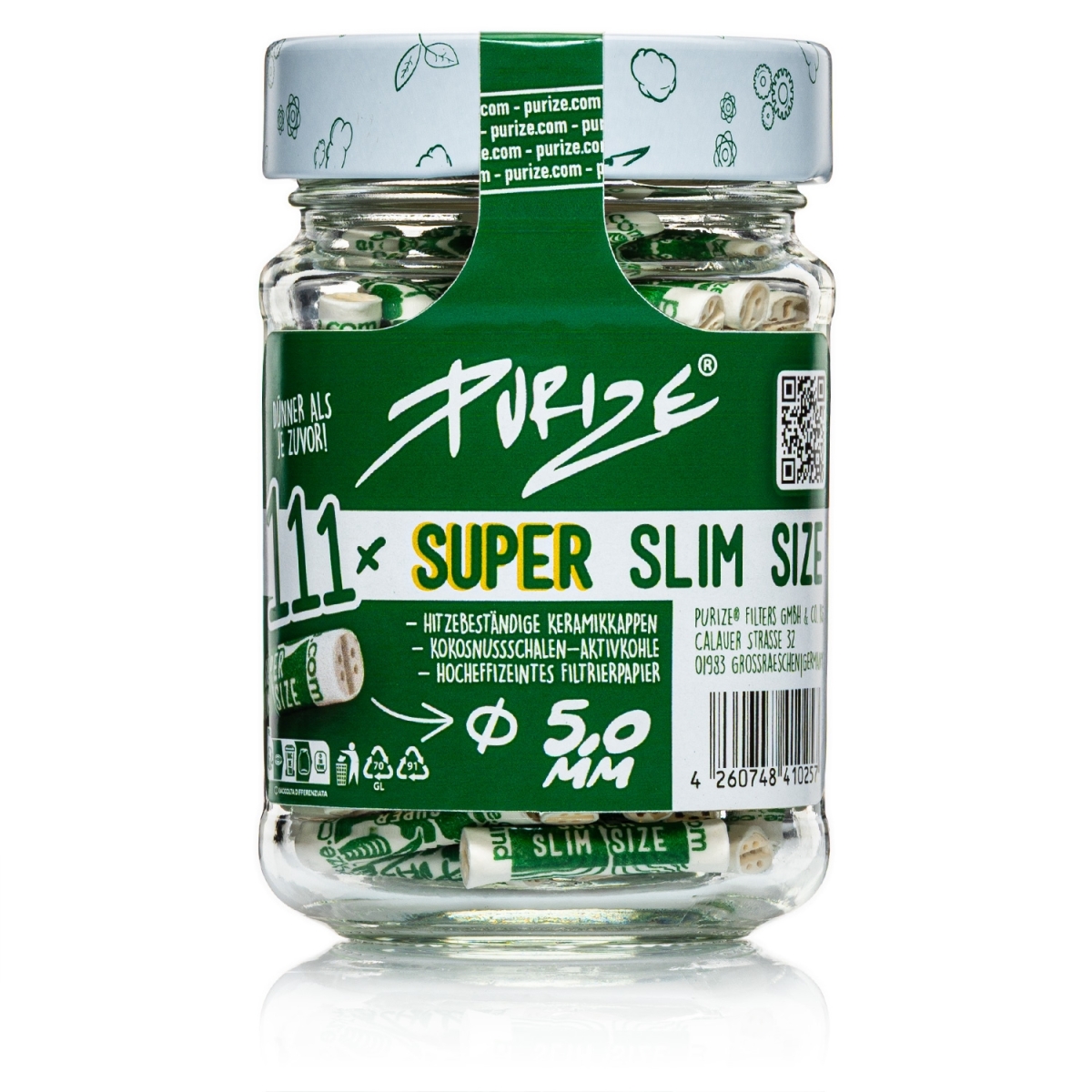 Purize - Super Slim Aktivkohlefilter - Glas Weiss (111 Stück)