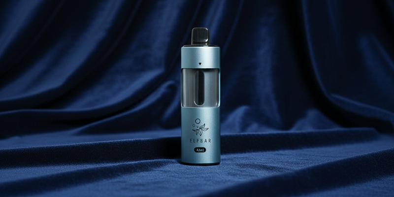 Elfbar 4 in 1 Vape mit vier Geschmaeckern in blauem Design auf Stoffhintergrund