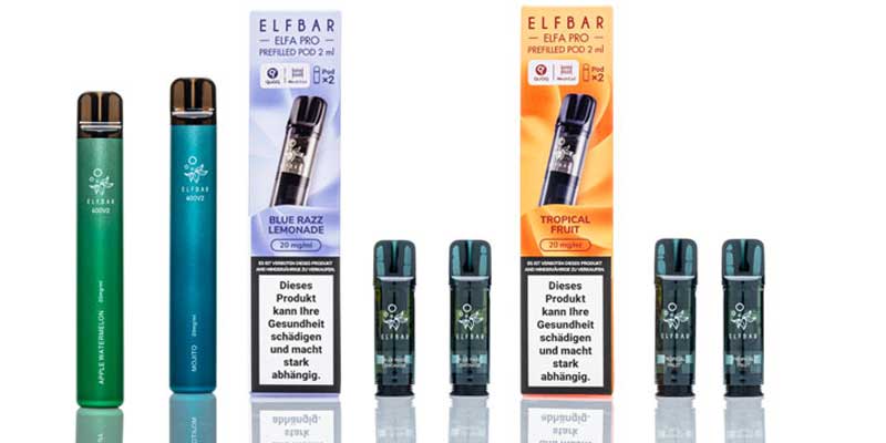 Elfbar Vapes ohne Nikotin mit Pods und Verpackungen im Vergleich dargestellt