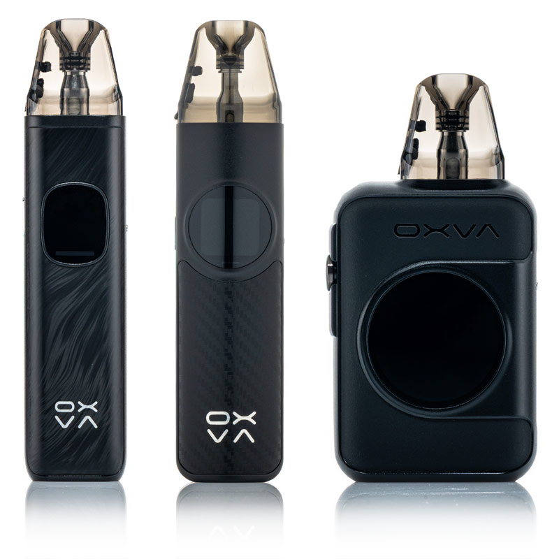 OXVA Pod-Systeme im Vergleich – drei schwarze OXVA E-Zigaretten mit Display von vorne