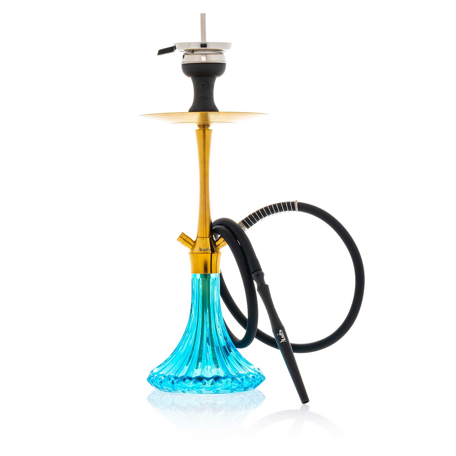 Goldene Shisha mit blauer Bowl Eine goldfarbene Shisha mit einer blauen Bowl und einem schwarzen Schlauch.