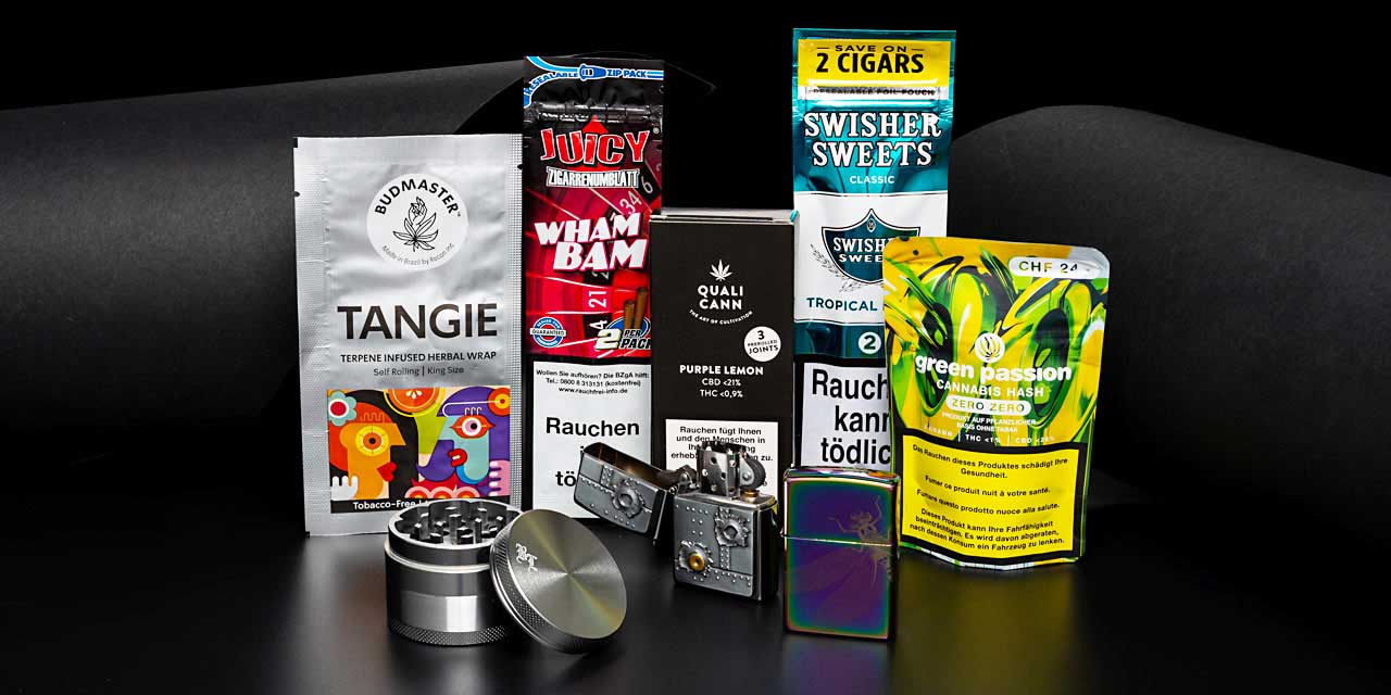 Rauchzubehör mit Blunt Wraps, Grinder, Feuerzeugen und CBD-Produkten