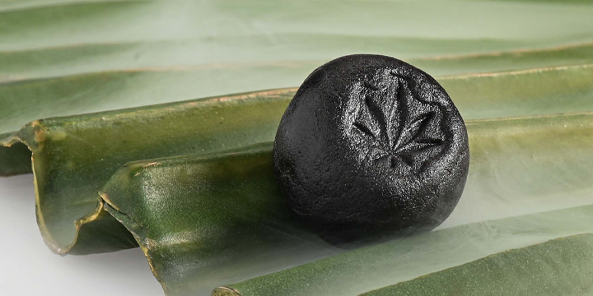 CBD Hash Kugel auf grünem Blatt, legales CBD Produkt aus der Schweiz mit THC unter 1%